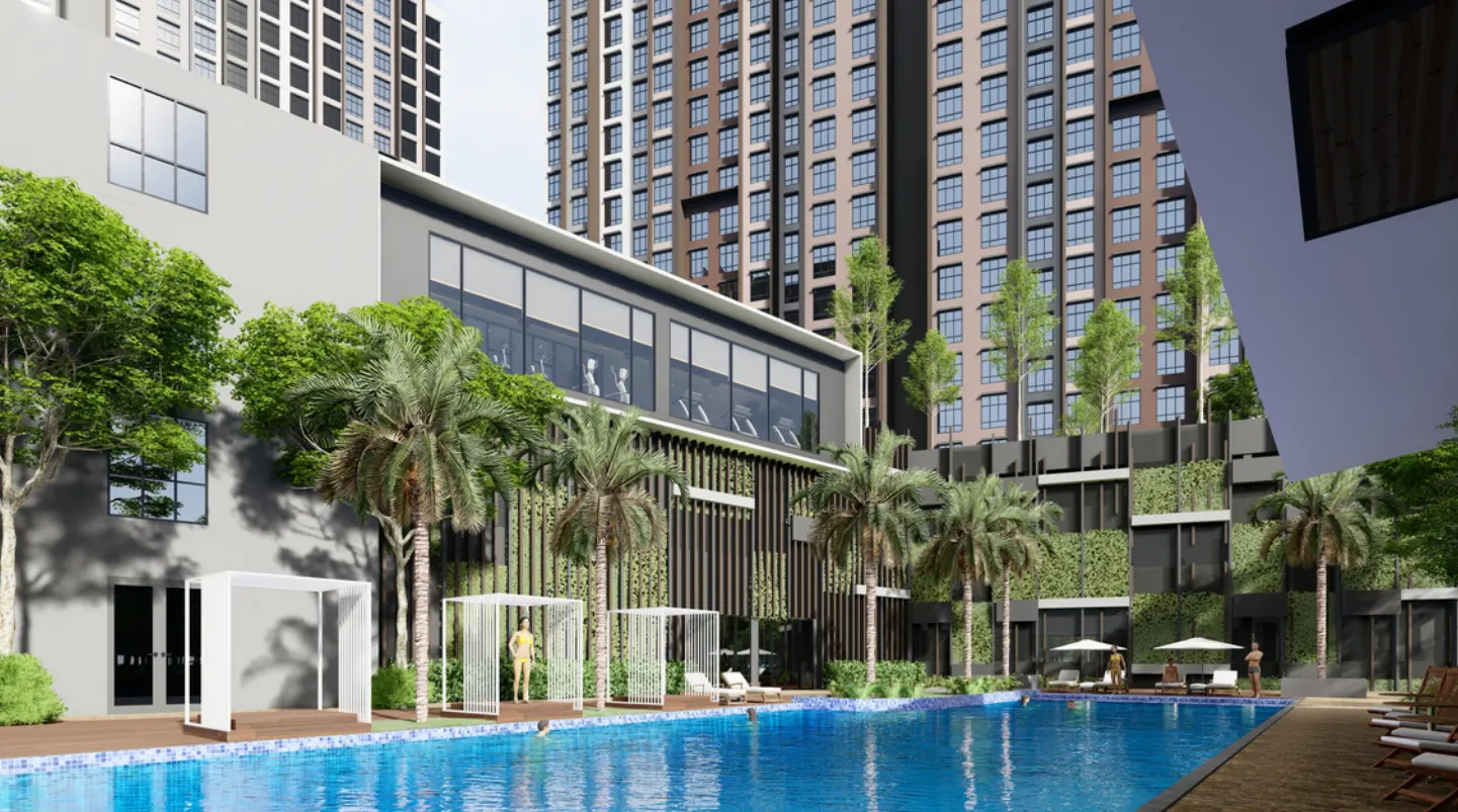 Anderson Residences swimming pool with tropical landscaping