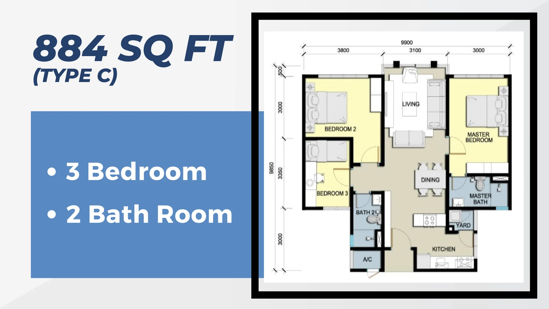 Anderson Residences Type D 3-bedroom 884 sqft floor plan
